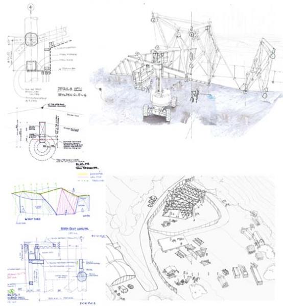 Sketches of Big Shed construction process and details by Nozomi Nakabayashi